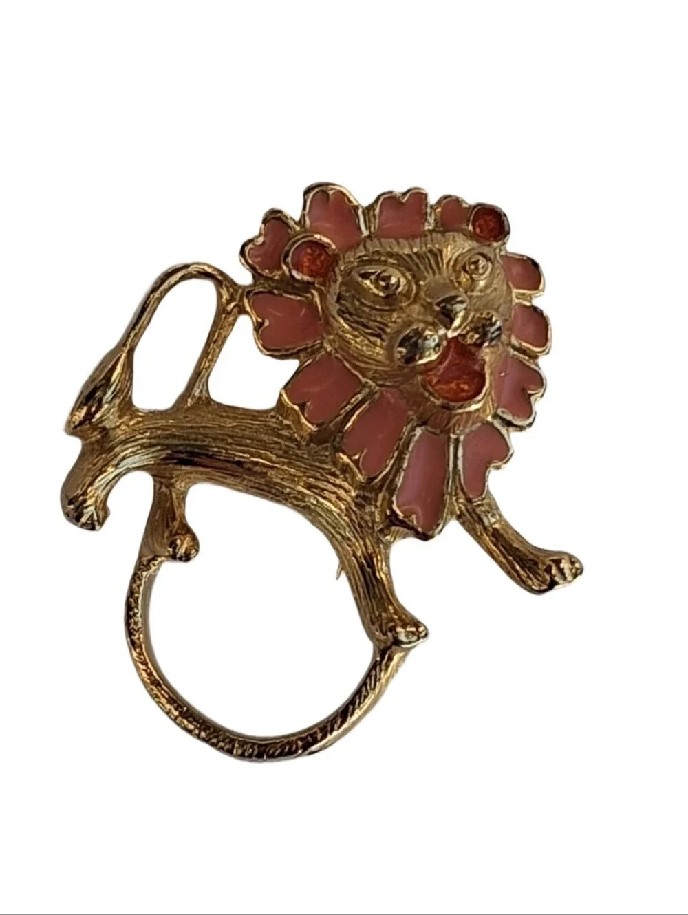 Vintage Mid Century Pink Enamel Lion Brooch Pin Textured Gold Tone Retro Leo